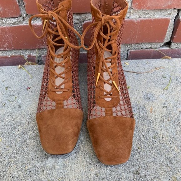 Christian Dior Naughtily-D Fishnet & Suede Ankle Booties - 37.5 Golden Brown - Picture 1 of 9